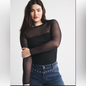 Abercrombie & Fitch Mesh Squareneck Long Sleeve Bodysuit - Black - Large